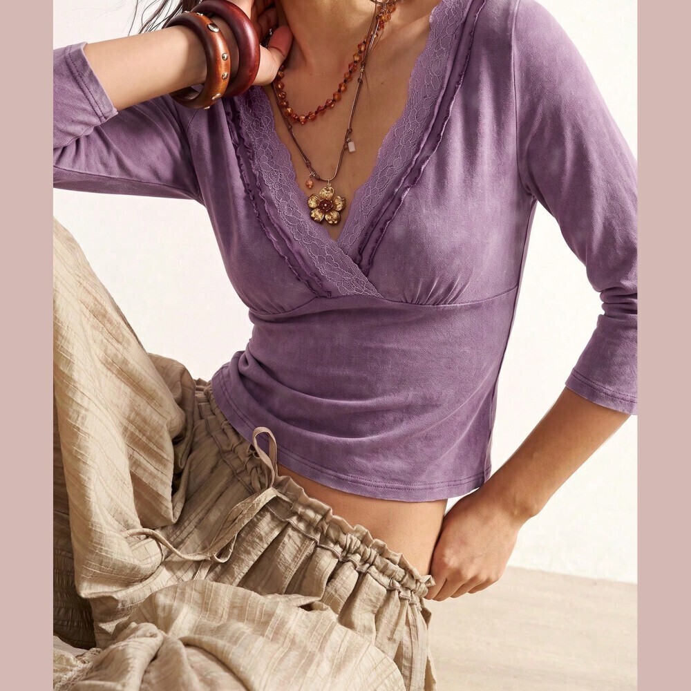 Lavender Lace Trim V Neck Ruched Slim Fit Long Sleeve Top Tee